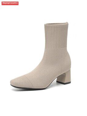 Women's Ankle Boots Slip On Block Heel Square Toe Knit Sock Booties Fashion